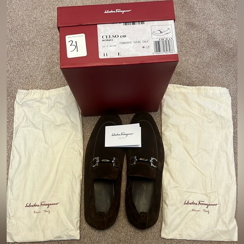 Salvatore Ferragamo Men's Celso Dark Brown Suede Stretch Horsebit Loafer Size 11